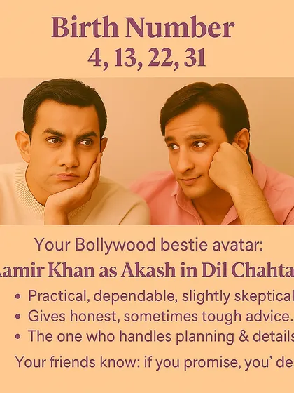 This image connects Birth Number 4 to Aamir Khan as Akash in Dil Chahta Hai. It reflects the practical, dependable, and honest advice-giving nature of your friendship style.