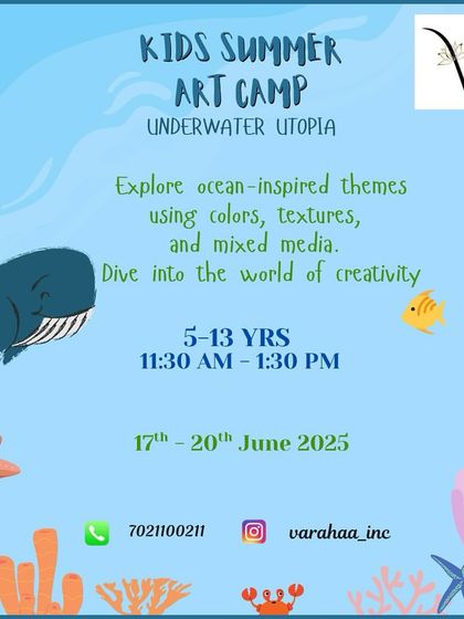 Dive into creativity with the Underwater Utopia summer art camp. This poster invites kids to explore ocean-inspired themes using various colors, textures, and mixed media to create their own aquatic masterpieces.