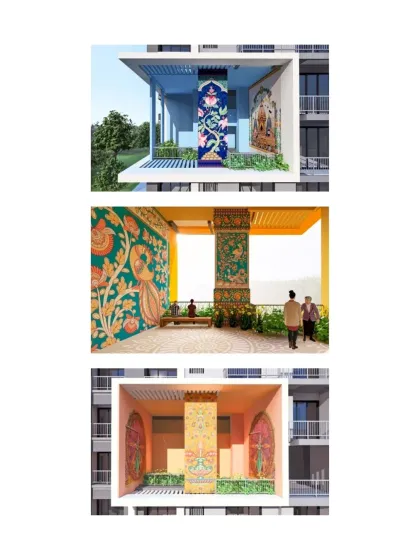 My design for the Krishnasagar Township in Puri integrates local culture directly into the architecture. These double height community spaces feature murals inspired by traditional Odia art, creating a modern living environment that is deeply rooted in its context.