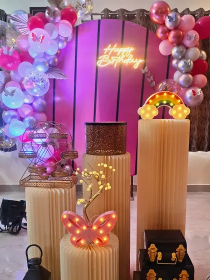 A complete view of the butterfly setup, showing how all the elements come together to create a cohesive and magical theme for Sanvi's birthday.