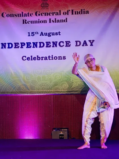 Portraying Mahatma Gandhi in the same Independence Day production. This shows my versatility in embodying different historical figures, using simple costume and distinct body language.