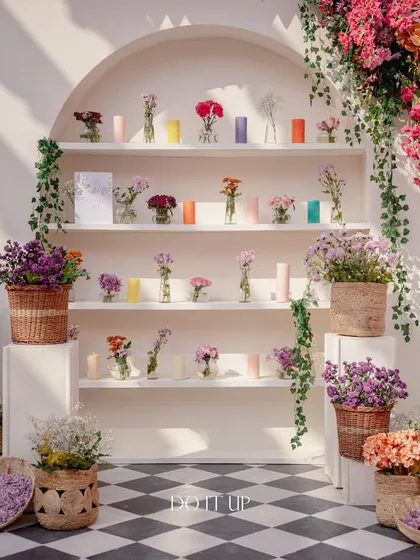 A beautiful backdrop for the couple at the Jaipur Haldi. A white arched shelving unit is filled with colorful flowers in baskets and single stems in vases, creating a vibrant and textured photo corner.