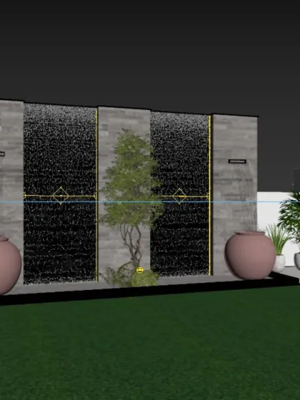 A 3D concept for a large water wall feature for the upcoming Dwarka Mod project.