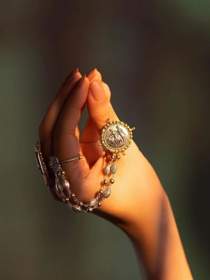 A close-up of a beautiful hand chain from the Shaya jewelry campaign.