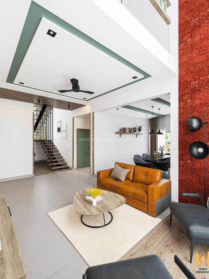 A view towards the staircase and dining area, highlighting the mix of materials including wood, brick, and smooth plaster.