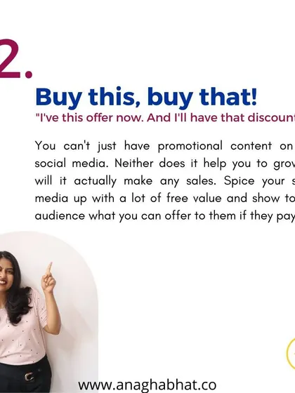 Mistake #2: Only posting "Buy this, buy that!". A feed full of promotional content doesn't build trust. You need to spice it up with free value to show people what you can do for them.