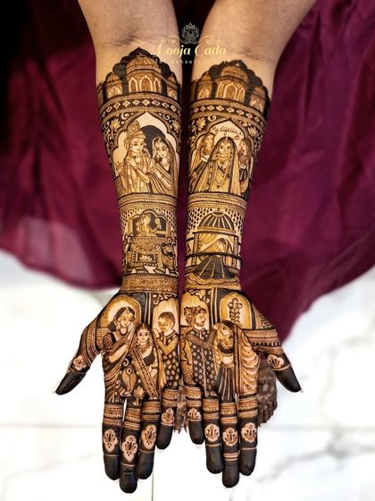 A full view of the heavy bridal mehendi for my dear friend. The design is packed with personal stories and family portraits, making it extra special.