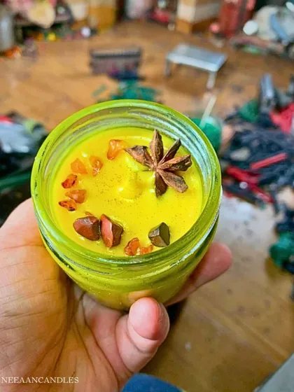 This is sunshine in a jar. I hand-poured this vibrant yellow candle and topped it with star anise and healing crystals to fill your space with warmth, happiness, and positive energy.