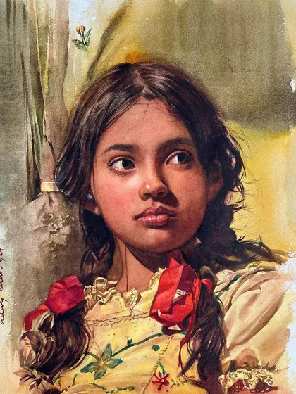 This piece from a basic portrait workshop demonstrates how to build form and expression using foundational watercolor techniques.
