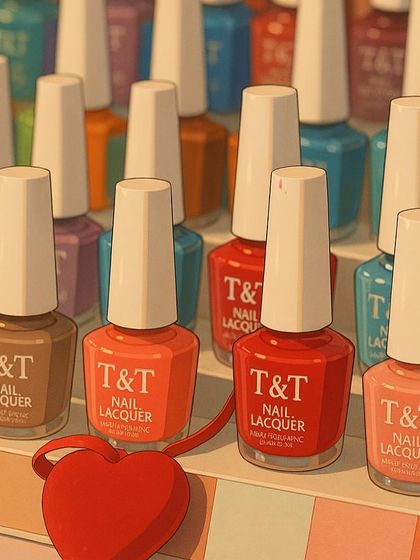 An artistic, Ghibli-inspired illustration of our T&T Nail Lacquer display. We have a shade for every mood and season.