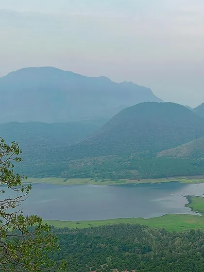 A misty view of a lake and mountains in Kodaikanal.