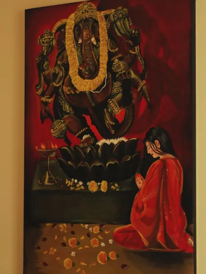 A different perspective of the Lord Ganesha painting, showing how it looks as a full-length art piece hanging on a wall.