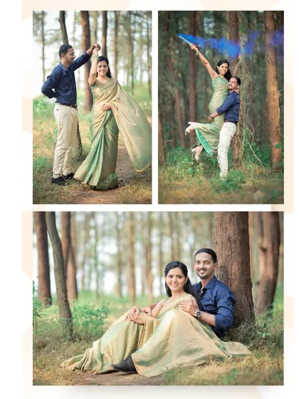 A collage of pre-wedding photos in a forest setting, showing a mix of playful moments with colour smoke and romantic poses.