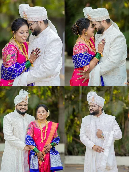 A collection of romantic and happy moments, showing the couple's natural connection and joy during their Maharashtrian wedding photoshoot.