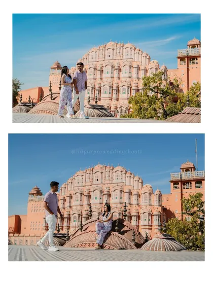 A classic pre-wedding photo of Praveen and Chaithra on a rooftop with Hawa Mahal in the background, one of the most sought-after shots in Jaipur.