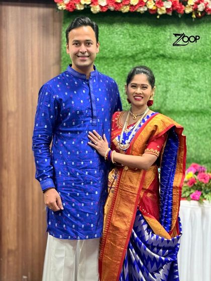 It brings me immense joy to see my clients ready for their big day. This gentleman looks sharp and happy in a classic royal blue bandhani-print kurta, perfect for his wedding celebrations.