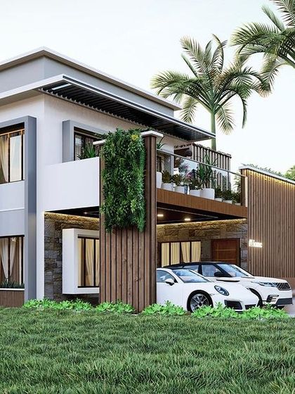 A side-angle view of the farmhouse design, highlighting the vertical green wall and the clean lines of the structure against the natural surroundings.