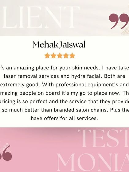 "It's my go-to place now." A client testimonial praising our professional equipment, amazing people, and perfect pricing for laser and HydraFacial services.