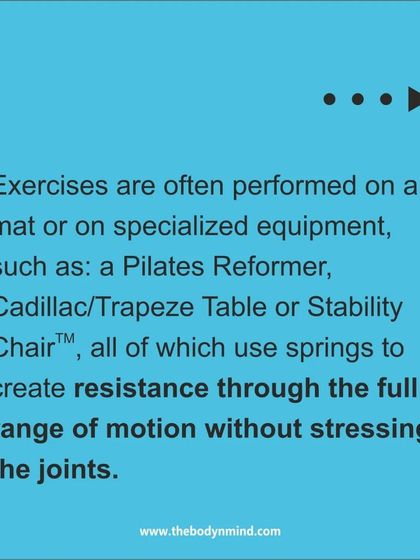 This graphic explains that Pilates can be done on a mat or with specialized equipment like the Reformer or Stability Chair, which use spring resistance for a safe and effective workout.