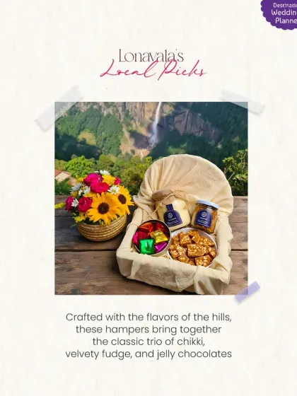 For a wedding in the hills of Lonavala, we can curate hampers with local picks like the classic chikki, velvety fudge, and jelly chocolates.