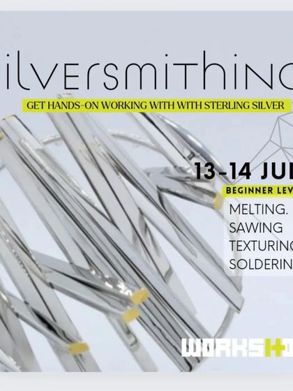 An advertisement for our July silversmithing workshop, emphasizing the hands-on experience of working with sterling silver.
