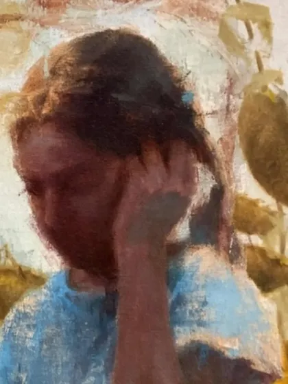 A detail from "Conversation of Two Innocent Worlds." This close-up shows the expressive brushwork and the interaction between the two figures, central to the painting's narrative.