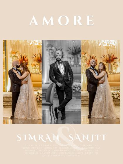 A stylish collage titled "Amore," featuring Simran and Sanjit. The mix of color and black and white portraits showcases their classic style and the romantic vibe of the day.