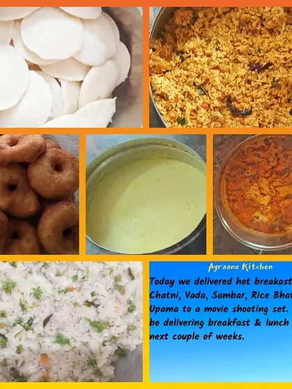 A glimpse of a breakfast spread I delivered to a movie shooting set. I can cater complete meals, including Idli, Vada, Sambar, and various rice dishes, for events and teams of any size.