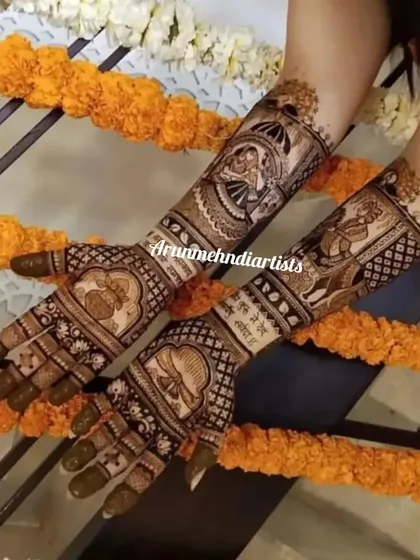 This design captures the essence of a wedding ceremony, with figures of the bride and groom, a doli, and sacred mantras written in Hindi, all part of the intricate artwork.
