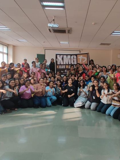 A large group of female students from Fr. Conceicao Rodrigues Institute of Technology in Mumbai after their self-defense workshop. We are frequently invited to conduct women-focused sessions on college campuses.