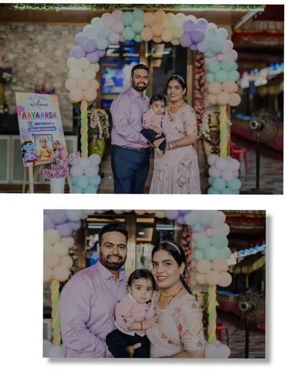 Family portraits taken at the entrance of the party, in front of a beautiful pastel balloon arch we created.