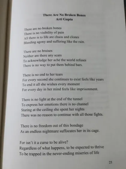 The poem 'There Are No Broken Bones' by Arti Gupta, published in our anthology. A piece written from a place of deep personal experience.
