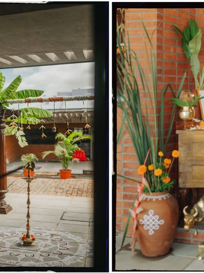 A collage showing the Indo-ethnic setup for a housewarming, with terracotta pots and traditional elements.