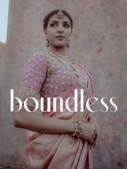 An editorial-style bridal portrait with a powerful, confident pose. The text overlay adds a modern, magazine-like feel, perfect for brand campaigns.