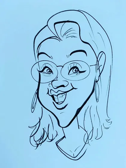 I love to draw caricatures, and this portrait of a woman with glasses and a bright smile is a great example.