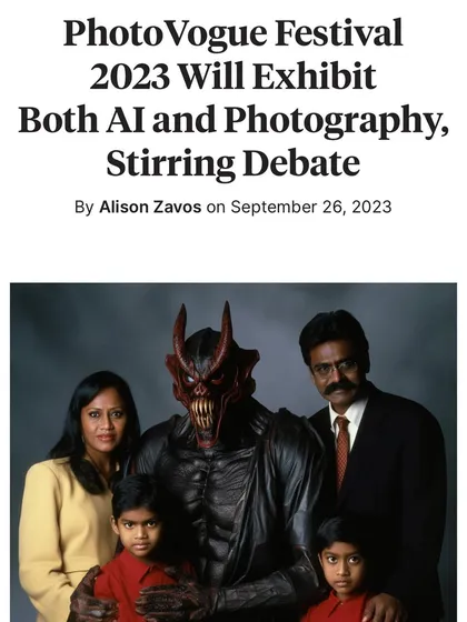 A screenshot of an article from the PhotoVogue Festival, where my AI work was exhibited alongside traditional photography, sparking an important debate.