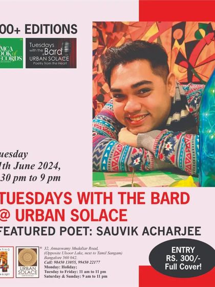 The poster for our June 11th event with featured poet Sauvik Acharjee, a published and award-winning writer.