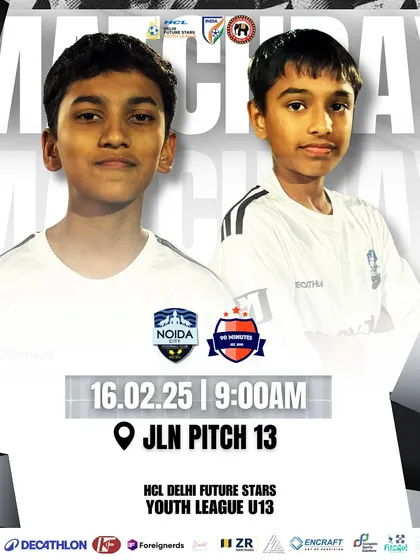 Matchday 2 announcement for our U13 team in the Delhi Youth League, featuring two of our key players.