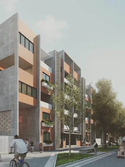 This visualization shows our proposed design for a residential apartment building in Bangalore. The architecture uses a mix of exposed concrete and brick, creating a modern yet warm aesthetic suitable for a community-oriented living environment.