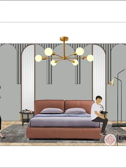 For this Art Deco master bedroom, the mood board focuses on bold geometry and luxury. The design features repeating arches and fluted panels behind the bed, complemented by a modern brass chandelier to create a sophisticated look.