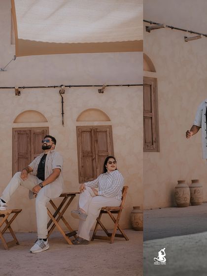 A stylish collage of a couple at a rustic, desert-themed location, showcasing their relaxed and cool chemistry.