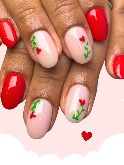 Pretty hearts and leaves on nails. This cute and simple design combines a classic red with a sheer pink base and tiny, hand-painted heart-shaped flowers.