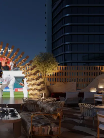 This render shows the rooftop terrace with its mix of seating, including lounge-style cabanas and dining tables. The design balances open, social spaces with more intimate retreats.