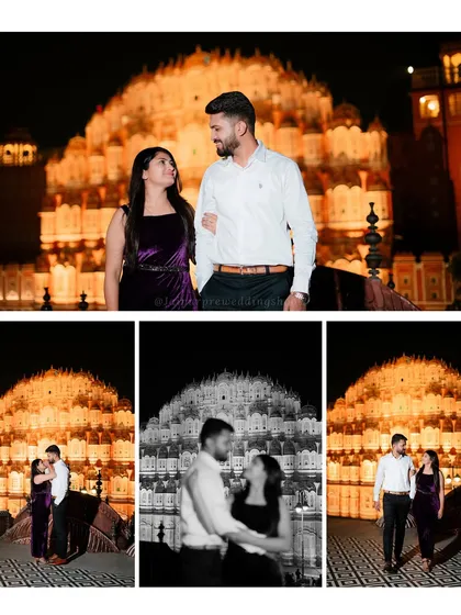 A dramatic night shoot with the iconic Hawa Mahal illuminated in the background. We know the best spots to capture this magical view for a truly unique Jaipur pre-wedding photo.