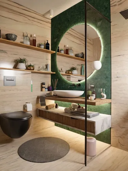This bathroom design blends natural and luxurious elements. A bold green marble accent wall with a backlit circular mirror is the centerpiece, complemented by travertine-style tiles and floating wooden shelves for a spa-like feel.