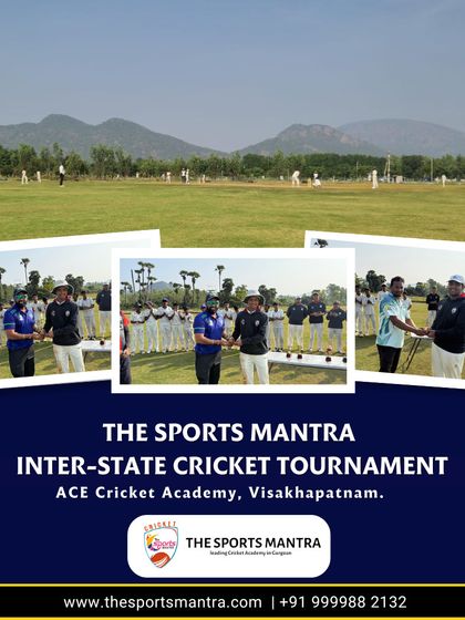 A collage from the Inter-State Cricket Tournament at ACE Cricket Academy, Visakhapatnam. It captures the scenic ground and the formal post-match presentation ceremony.