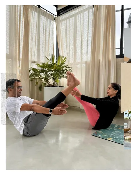 The joy of partner work and community. A student and I sharing a moment of balance and connection during a class at a beautiful studio in Bangalore.