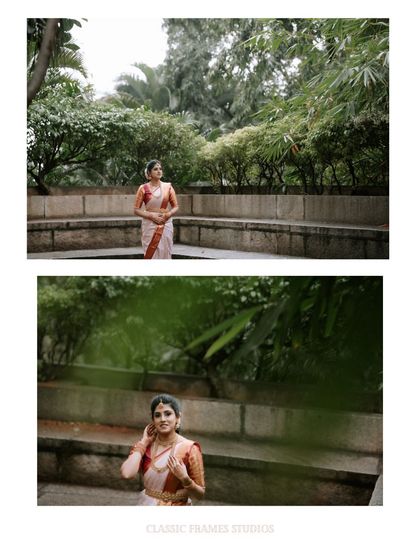 A series of portraits of the bride in a lovely garden amphitheater. The different angles showcase her beautiful saree and the serene environment of her engagement shoot.