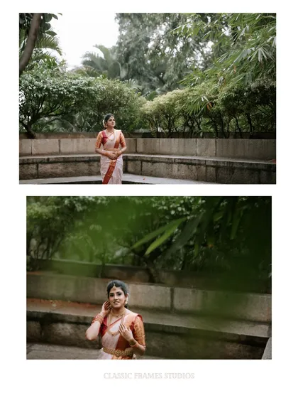 A series of portraits of the bride in a lovely garden amphitheater. The different angles showcase her beautiful saree and the serene environment of her engagement shoot.