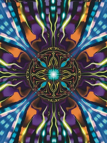 An experimental piece from my 'प्रयोग आणि निरीक्षण' series. This is a symmetrical, mandala like digital creation with a glowing center, using a vibrant palette of purple, orange, and neon yellow to create a sense of electric energy.